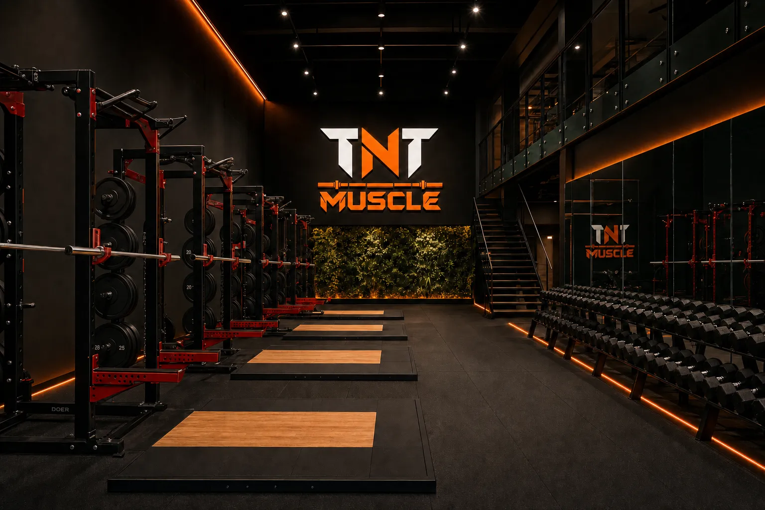 Interior del estudio TNT Muscle en Lindora con racks de fuerza