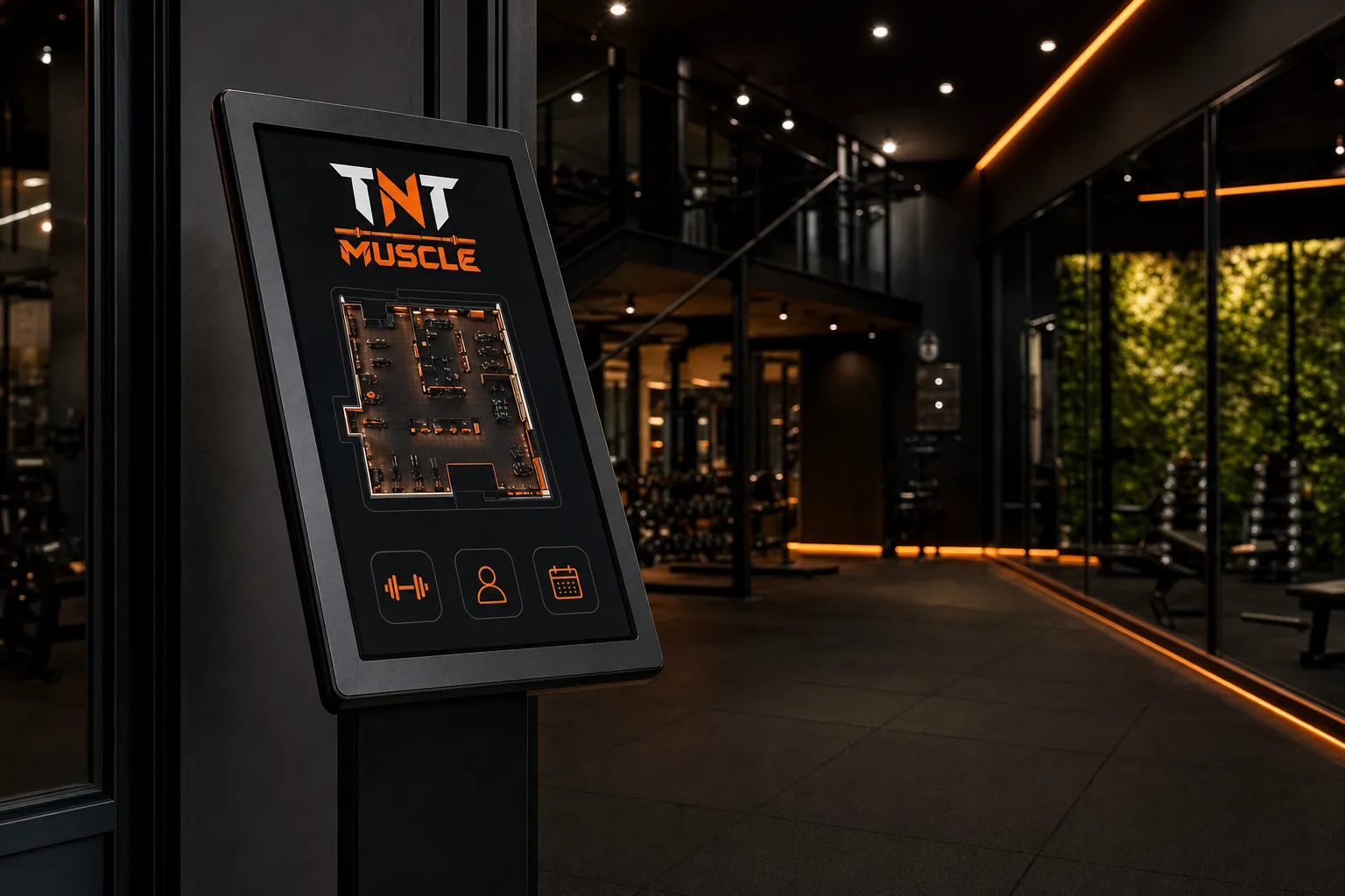 Kiosco táctil instalado junto a la entrada, pantalla encendida